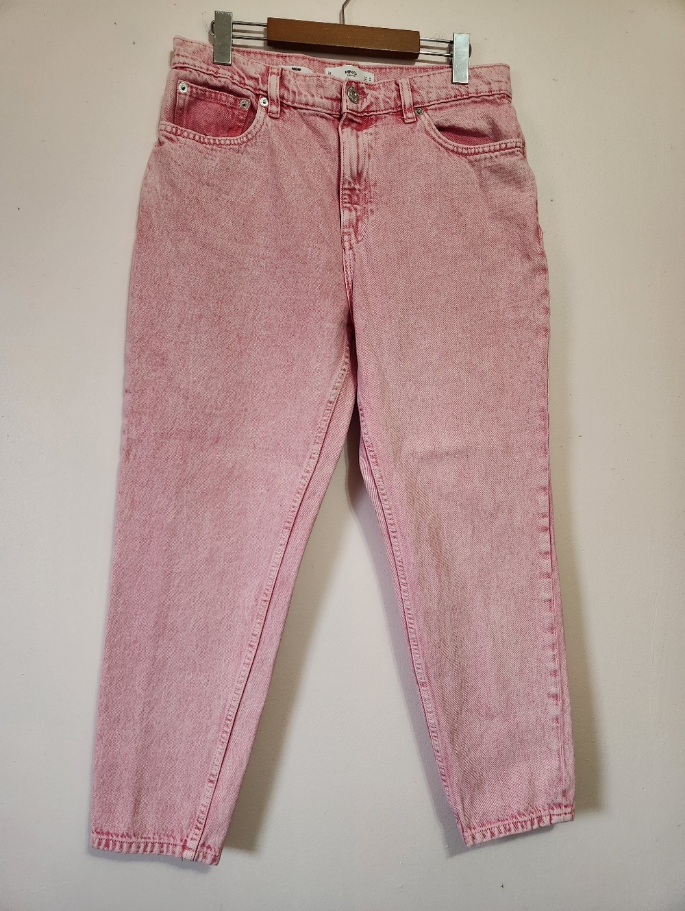 MNG Mango High-Rise Mom Jeans Pink Acid Wash Rigid Denim Size 10